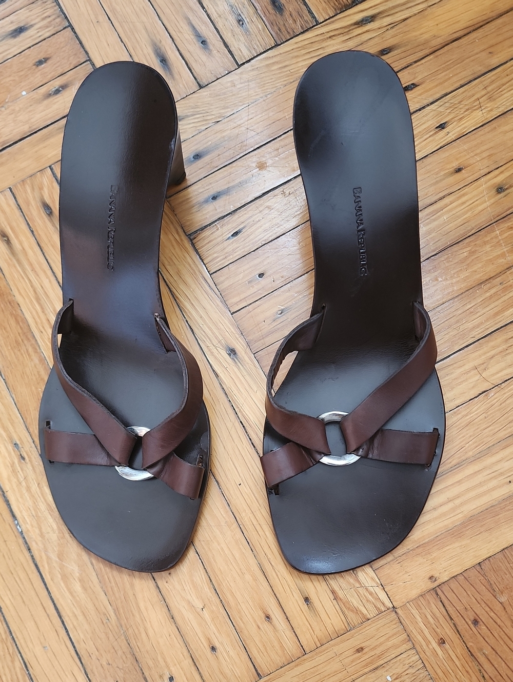 Banana Republic Dark Brown Leather Slide Sandals with Silver Ring